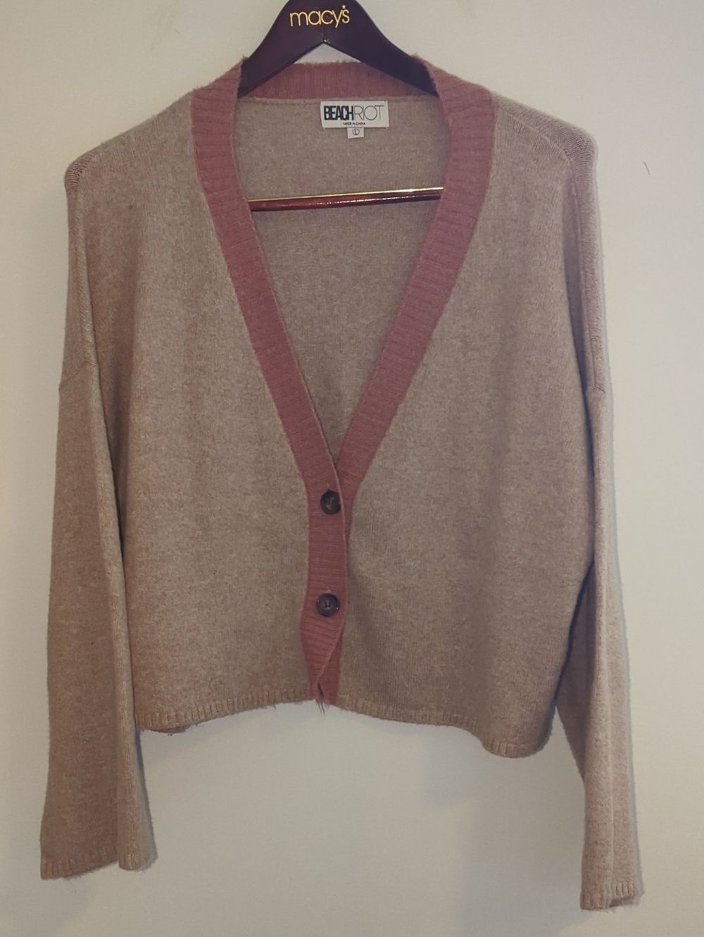 BeachâRiot Taupe Cardigan with Dusty Rose Trim Oversized Slouchy Sleeves Sz L